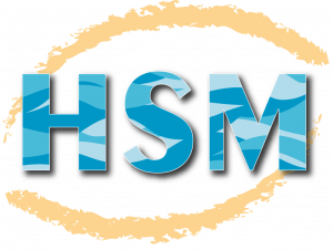 the logo of HydroSciences Montpellier, the letters HSM with two yellow lines above and below